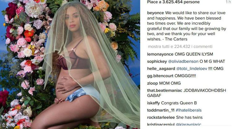 Beyoncé incinta di due gemelli, il pancione su Instagram