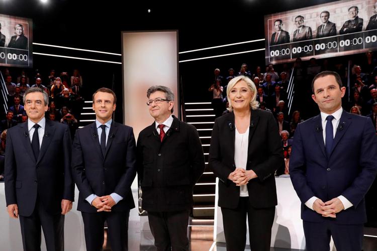 I cinque candidati all'Eliseo, Francois Fillon, Emmanuel Macron, Jean-Luc Melenchon, Marine Le Pen e Benoit Hamon (Afp) - AFP