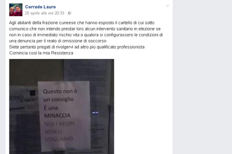Il post del medico Corrado Lauro pubblicato su Facebook