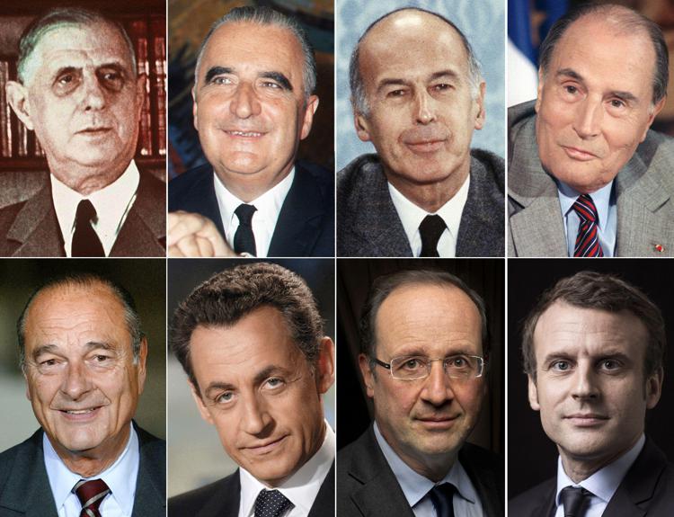 Tutti i presidenti della Quinta repubblica francese. Da sinistra de Gaulle, Pompidou, Giscard d'Estaing, Mitterrand, Chirac, Sarkozy, Hollande e Macron (Afp) - AFP