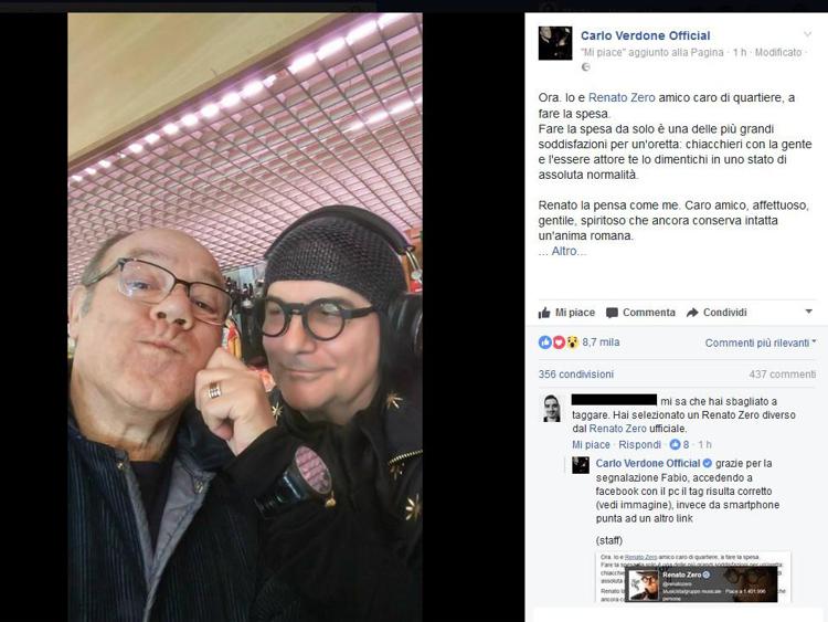 Verdone e Renato Zero 'casalinghi': selfie al supermercato
