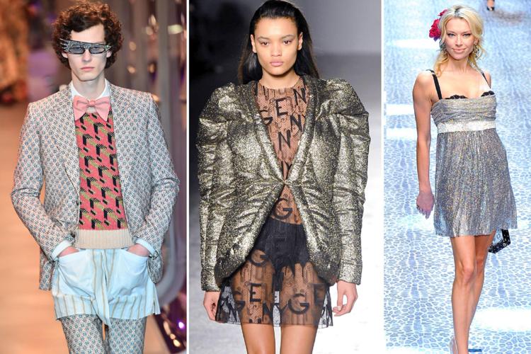 Alcuni look ispirati allo spazio. Da sinistra Gucci (Afp), Genny (Fotogramma) e Dolce&Gabbana (Fotogramma)