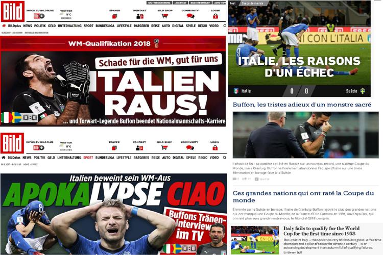 La sconfitta della Nazionale sulle pagine dei siti internazionali (dall'alto, in senso orario, il tedesco Bild, L'Equipe, Le Figaro, il Washington Post e ancora il Bild)