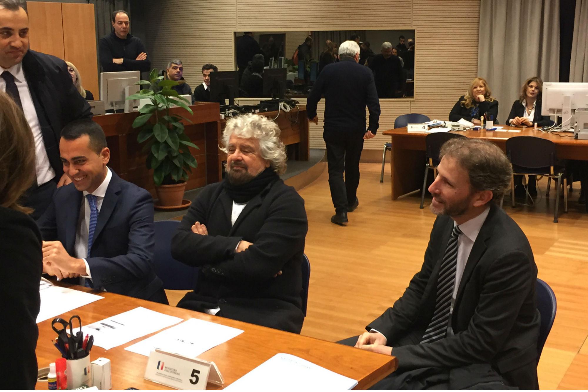 Di Maio, Grillo e Casaleggio al Viminale (Foto AdnKronos)