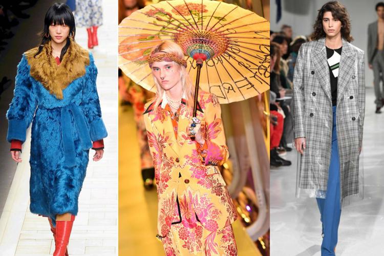 Alcuni dei pezzi cult di stagione. Da sinistra la pelliccia colorata di Fendi (Fotogramma), orientalismi da Gucci (Afp) e il trench in pvc di Calvin Klein (Afp)
