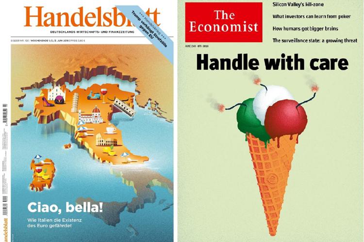 Le copertine del tedesco Handelsbratt e dell'Economist dedicate all'Italia