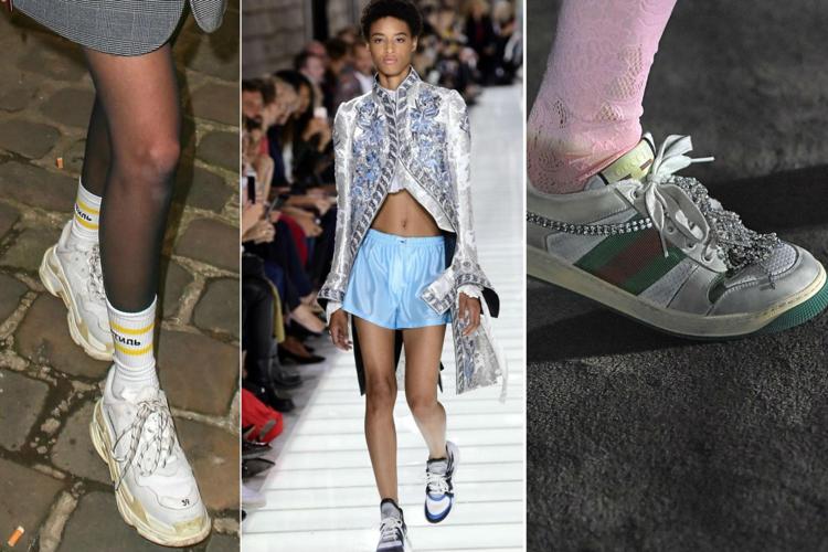 Alcuni modelli di dad sneakers. Da sinistra, il modello indossato da Bella Hadid, le Archlight di Vuitton e un modello di Gucci (Fotogramma/Ipa)