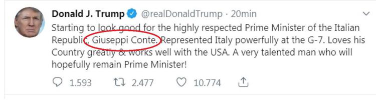 Trump twitta per Conte ma sbaglia nome: 
