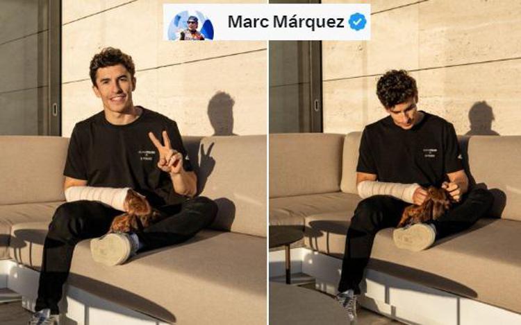 Marc Marquez con il braccio fasciato nelle foto pubblicate su X  - Marc Marquez /Twitter