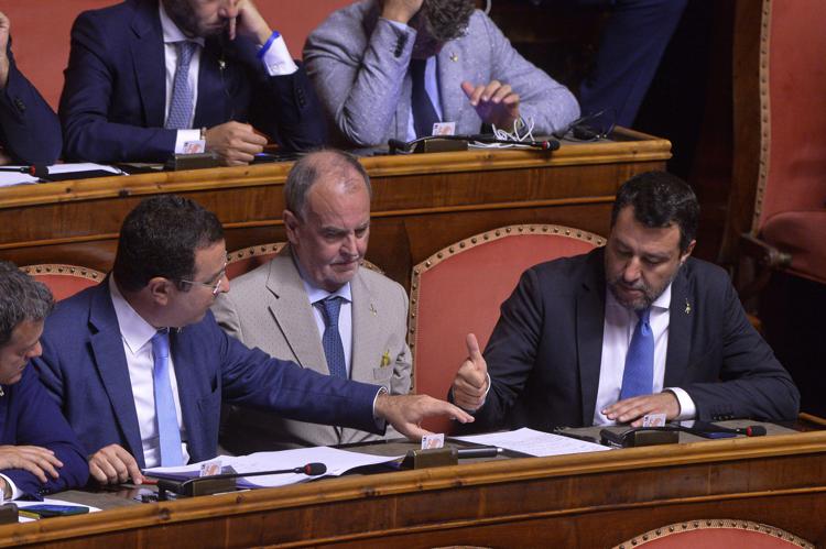 Nella foto Candiani, Calderoli e Salvini (Fotogramma) 