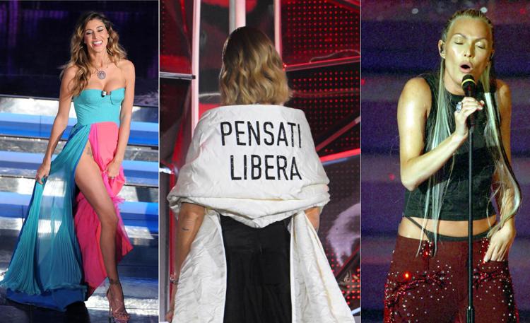 Tre dei look memorabili della storia di Sanremo: da sinistra Belen Rodriguez, Chiara Ferragni e Anna Oxa (Fotogramma)