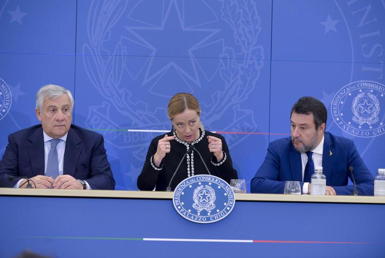 Antonio Tajani, Giorgia Meloni e Matteo Salvini (Fotogramma)
