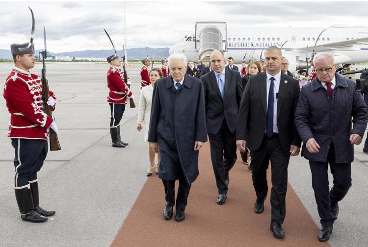 Italy's president   Sergio Mattarella (L) arrives in Sofia for a two-day official visit to Bulgaria