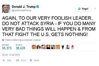 Attaccare la Siria è un grave errore, così scriveva Trump su Twitter Attaccare la Siria è un grave errore, così scriveva Trump su Twitter