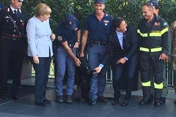 Terremoto, Renzi e la Merkel 'stringono la zampa' al cane eroe Leo /Video Terremoto, Renzi e la Merkel 'stringono la zampa' al cane eroe Leo /Video