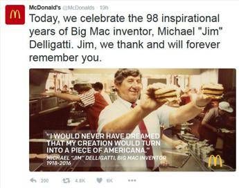 Addio al papà del Big Mac, inventò il superpanino nel 1967 Addio al papà del Big Mac, inventò il superpanino nel 1967