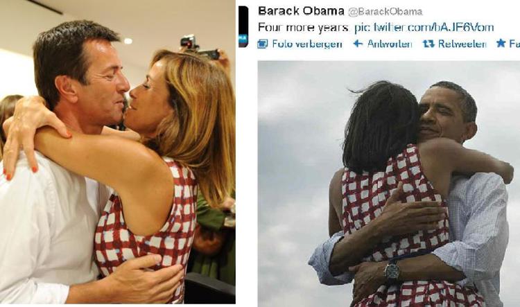 I due ‘storici’ abbracci a confronto (foto di destra di Beppe Bedolis, a sinistra il tweet di Obama da Infophoto)