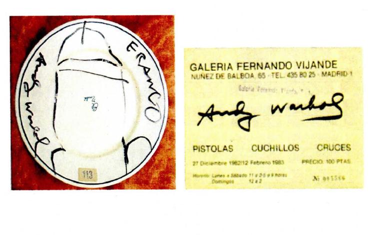 Il piatto e accanto la firma originale di Andy Warhol utilizzata per certificare l’opera