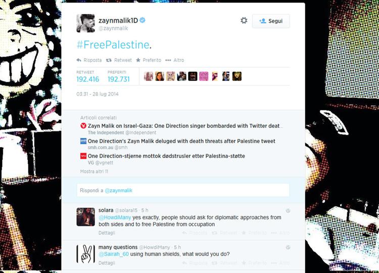 Twitta 'FreePalestine', bufera su un componente degli One Direction