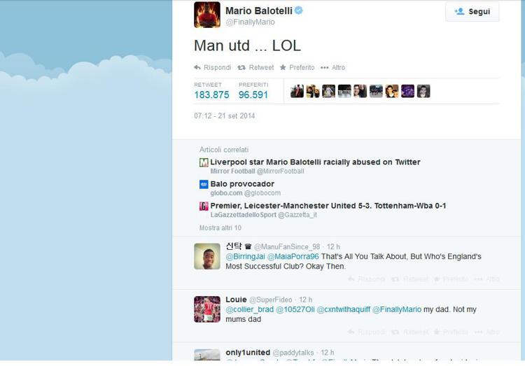 Balotelli irride lo United su Twitter e scatena una pioggia di insulti razzisti: 