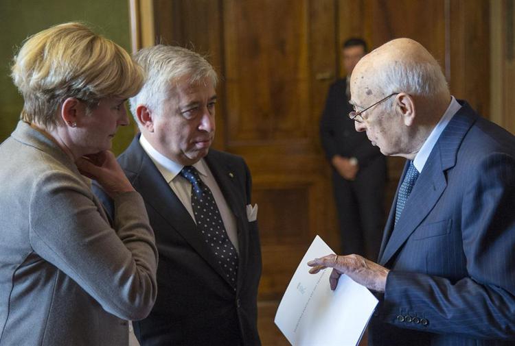 Giorgio Napolitano a colloquio con Federica Guidi e Antonio D'Amato (Foto Quirinale)