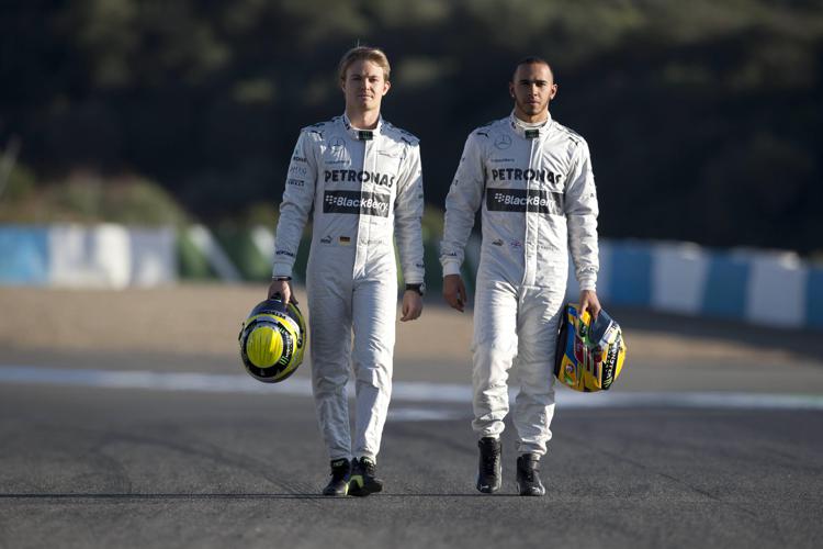 I due piloti della Mercedes, Nico Rosberg e Lewis Hamilton. Infophoto - INFOPHOTO