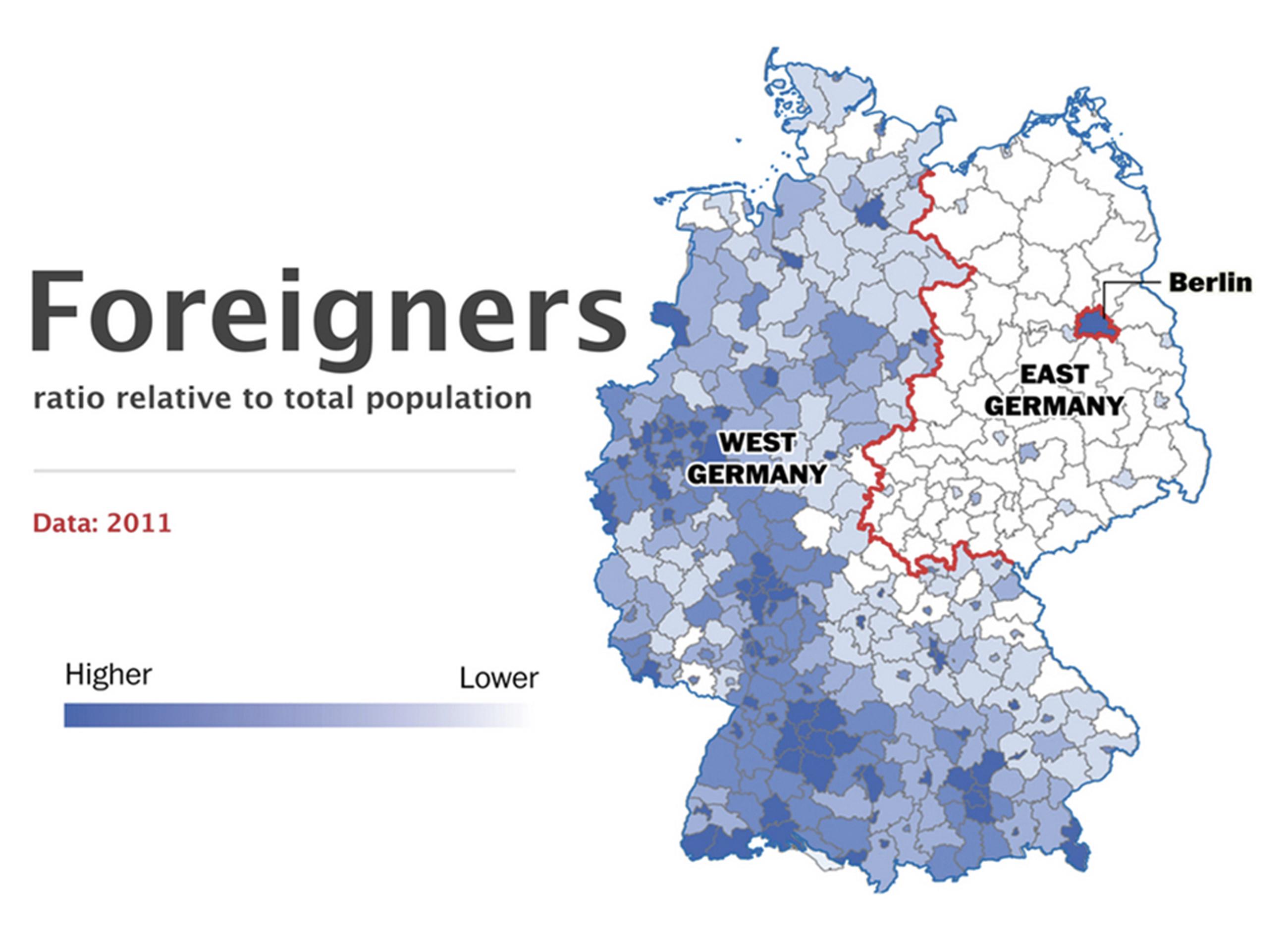 Grafico della presenza di stranieri sulla popolazione (Source: German statistical office - Washington Post graphic by Gene Thorp)  