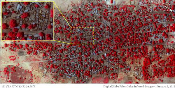 L'immagine satellitare del villaggio di Doro Baga, nel nord-est della Nigeria scattata il 2 gennaio 2015. In rosso la vegetazione che ricopriva l'area prima che il villaggio fosse raso al suolo da Boko Haram. (DigitalGlobe)
