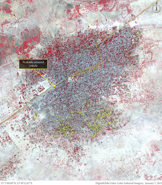 Nella foto le oltre 620 strutture danneggiate o distrutte prevalentemente situate nella parte meridionale di Baga. (DigitalGlobe)