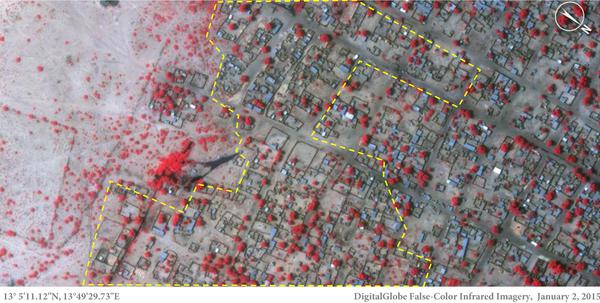 L'immagine, scattata il 2 gennaio, mostra le abitazioni dal tetto di paglia a Baga. Il rosso indica la vegetazione. (DigitalGlobe)