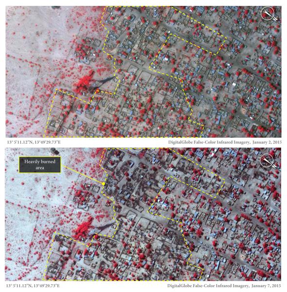 Le immagini di Baga prima e dopo l'attacco del 3 gennaio (DigitalGlobe)