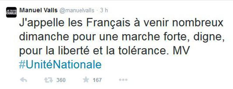 Su Twitter l'appello del premier francese a partecipare alla marcia di domani