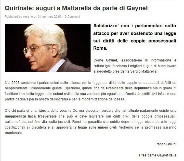 Gli auguri di Franco Grillini a Sergio Mattarella sulla pagina di Gaynet