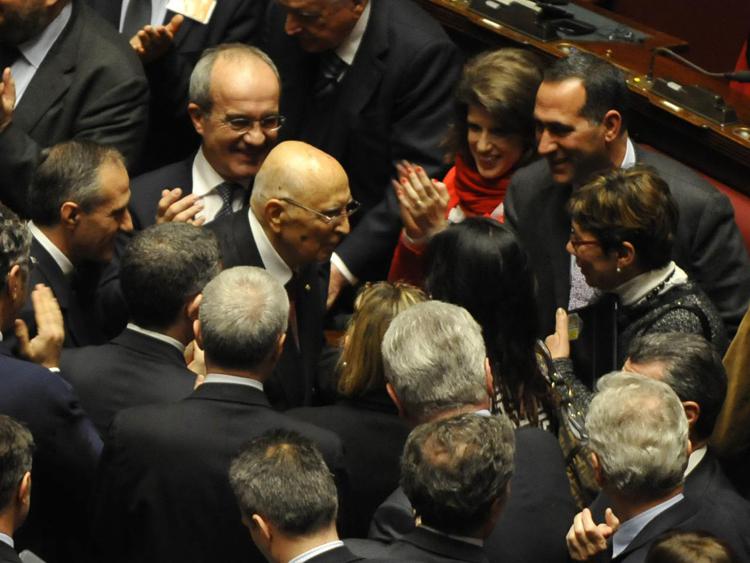 Giorgio Napolitano alla Camera nel primo giorno di votazioni per il Colle (Adnkronos)