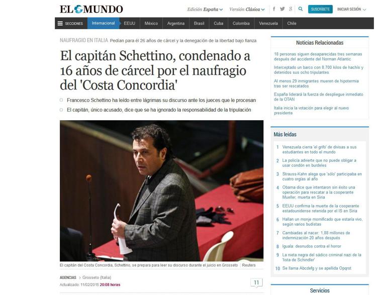 La pagina dedicata dal sito dello spagnolo 'El Mundo' alla condanna di Schettino