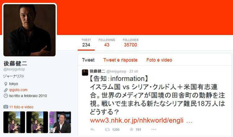 Il profilo Twitter di Kenji Goto, l'ostaggio giapponese ucciso sabato dall'Is