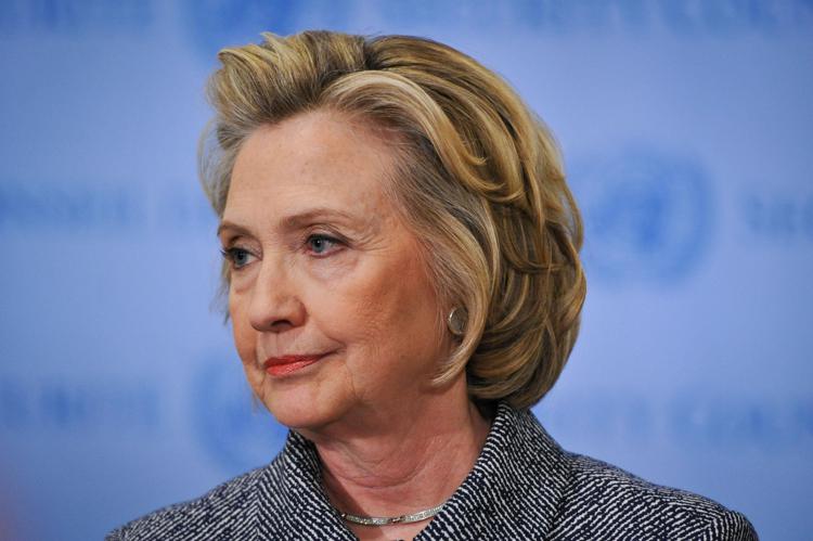 Hillary Clinton durante la conferenza stampa ieri all'Onu - (Foto Infophoto) 
