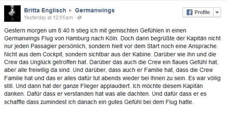 Il post di ringraziamento di Britta Englisch apparso sulla pagina Facebook della Germanwings