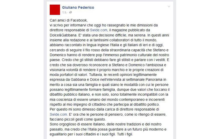 Il post di Giuliano Federico su Facebook