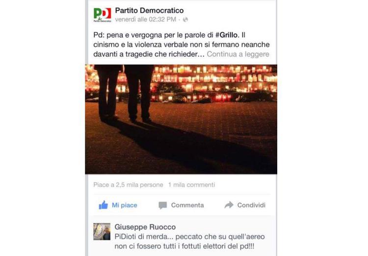 Immagine dal profilo Facebook di Francesco Nicodemo, già responsabile della comunicazione del Pd, primo a denunciare il commento di Ruocco 