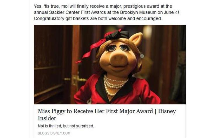 L'annuncio, con commento, sulla pagina Facebook di Miss Piggy