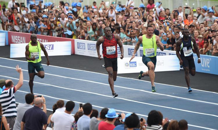 Lo sprinter giamaicano Usain Bolt nell'esibizione al Jockey Club di Rio de Janeiro (Foto Afp) - AFP
