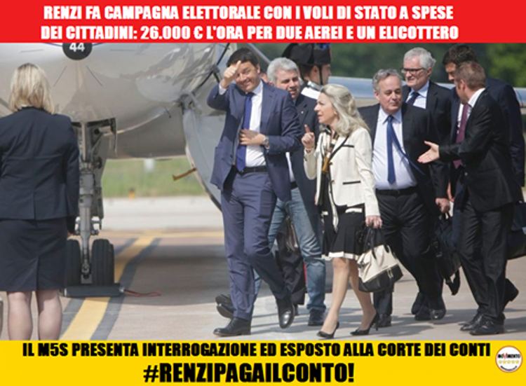 Governo: M5S, voli Stato per comizi, Renzi denunciato a Corte Conti