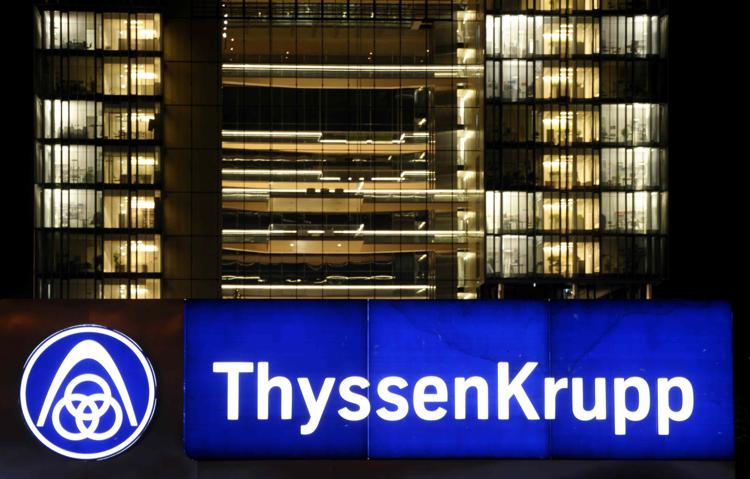 A ThyssenKrupp logo is pictured at the headquarters of the company in Essen, Germany, 10 December 2012. ThyssenKrupp have assembled a 5 billion Euro loss in the past accounting year, according to a statement by the company from 10 December. Photo: Daniel Naupold - Infophoto - INFOPHOTO