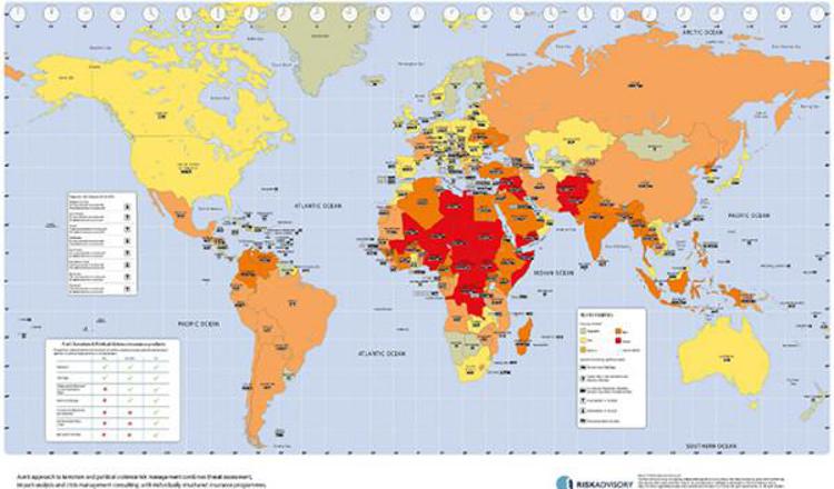 Mappa del rischio terrorismo e violenza politica 2015 tratta dal sito di Risk Advisory