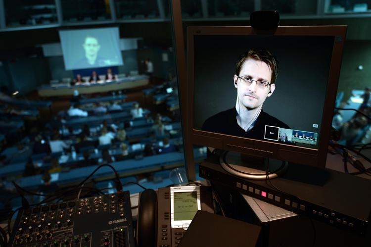 L'ex contractor della Nsa Edward Snowden in video collegamento dalla Russia durante una riunione del Consiglio d'Europa a Strasburgo (Afp)