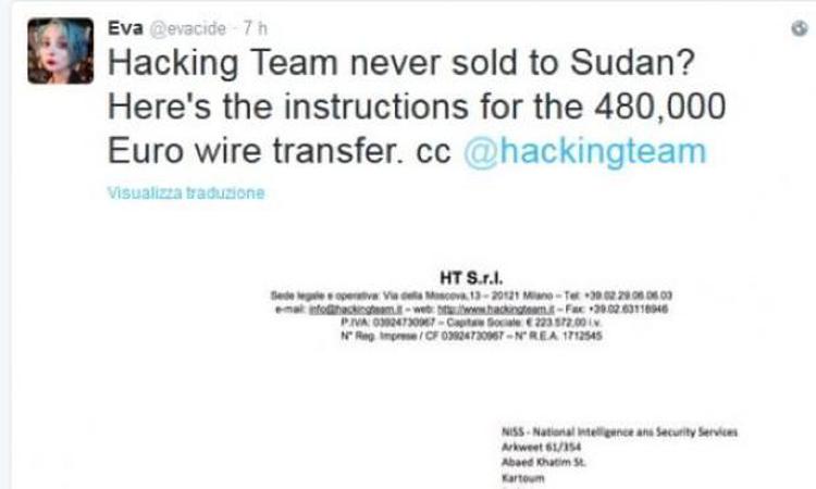 Uno dei tweet nel quale si evidenziano i rapporti tra Hacking Team e Stati che attuano politiche repressive