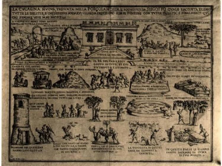 Il paese della cuccagna, incisione su carta (1703), dalla Civica Raccolta delle Stampe A. Bertarelli