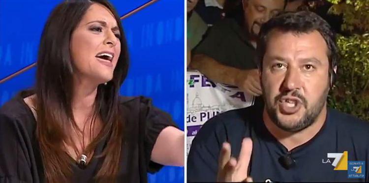 Pina Picierno e Matteo Salvini durante la diretta di 'In Onda'