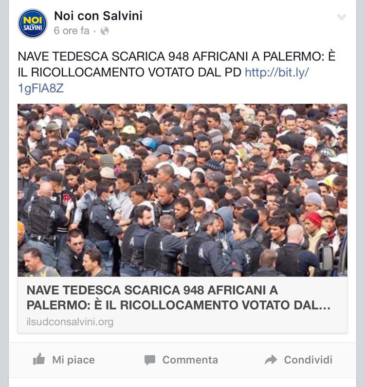 Il post di 'Noi con Salvini' su Fb